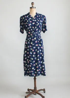 Vintage 1940s Floral Navy Rayon Slit Pocket Dress