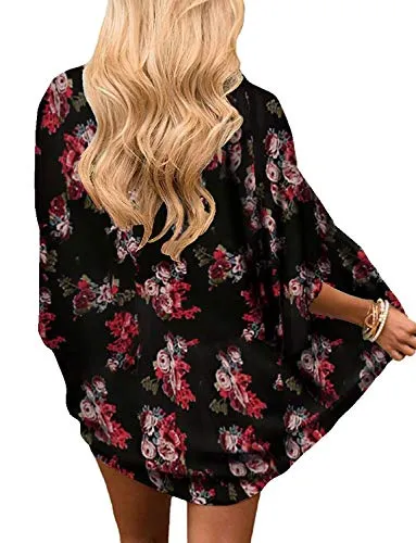 Women Floral Cardigans Chiffon Casual Loose Open Front Cover Ups Tops