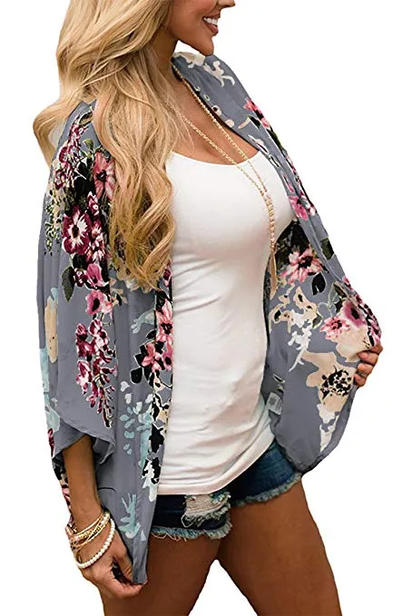 Women Floral Cardigans Chiffon Casual Loose Open Front Cover Ups Tops