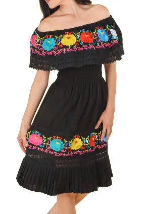 Womens Traditional Embroidered Manta Off Shoulder Pleated Bottom Dress Floral Black