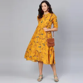 Women's Yellow Printed Collar Neck Crepe Dress