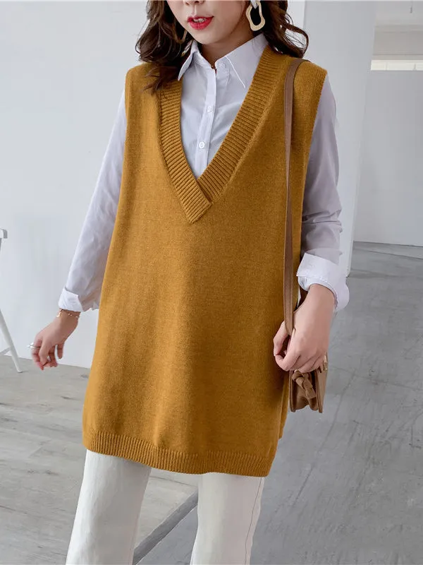 xakxx Trendy Sleeveless Split-Side Solid Color V-Neck Knitted Vest
