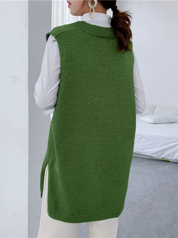 xakxx Trendy Sleeveless Split-Side Solid Color V-Neck Knitted Vest