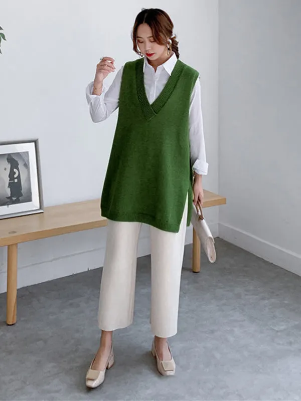 xakxx Trendy Sleeveless Split-Side Solid Color V-Neck Knitted Vest
