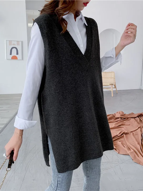 xakxx Trendy Sleeveless Split-Side Solid Color V-Neck Knitted Vest
