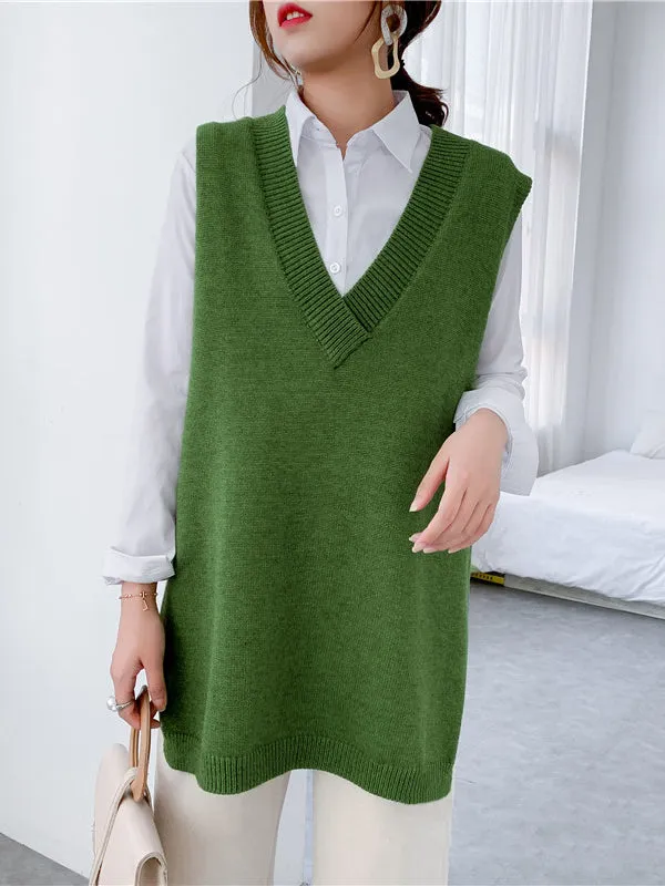 xakxx Trendy Sleeveless Split-Side Solid Color V-Neck Knitted Vest