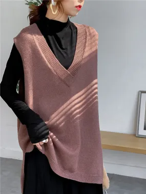 xakxx Trendy Sleeveless Split-Side Solid Color V-Neck Knitted Vest
