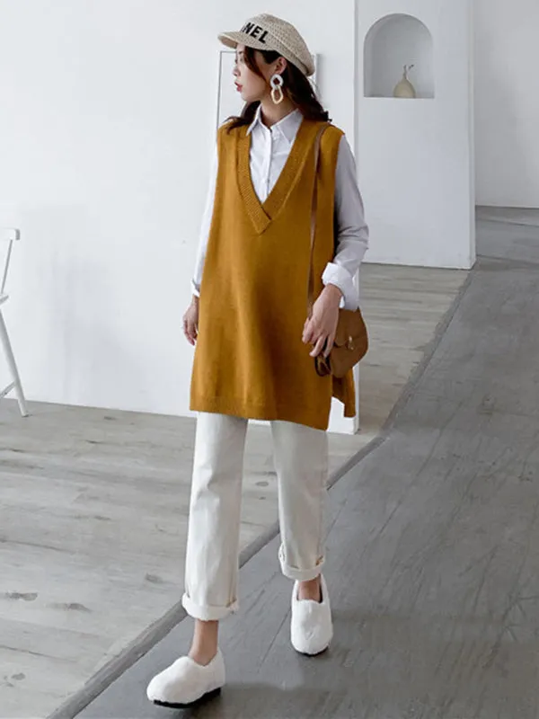 xakxx Trendy Sleeveless Split-Side Solid Color V-Neck Knitted Vest