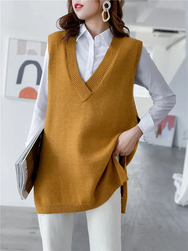 xakxx Trendy Sleeveless Split-Side Solid Color V-Neck Knitted Vest