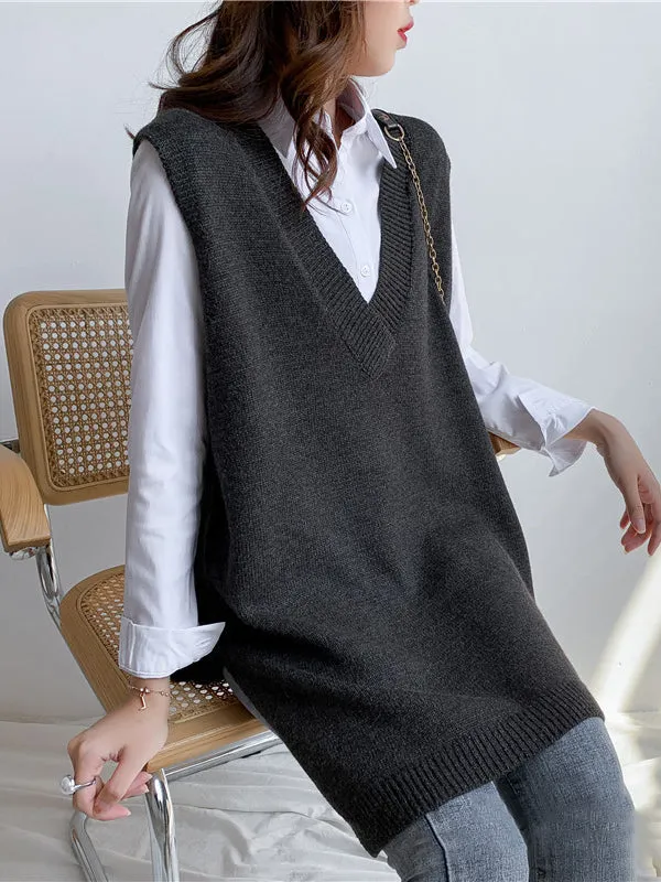 xakxx Trendy Sleeveless Split-Side Solid Color V-Neck Knitted Vest