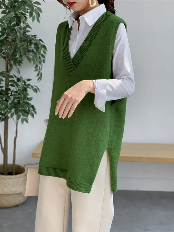 xakxx Trendy Sleeveless Split-Side Solid Color V-Neck Knitted Vest