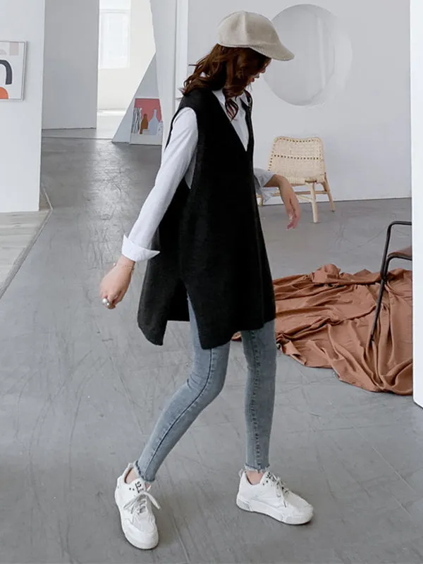 xakxx Trendy Sleeveless Split-Side Solid Color V-Neck Knitted Vest