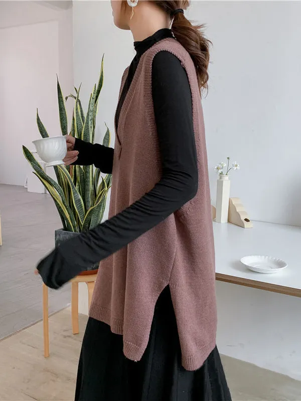 xakxx Trendy Sleeveless Split-Side Solid Color V-Neck Knitted Vest