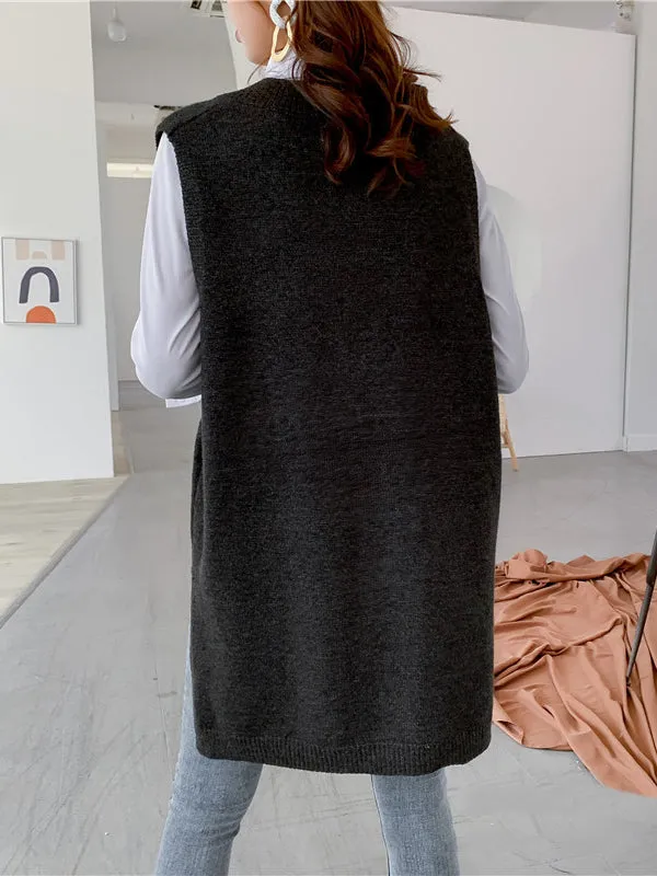 xakxx Trendy Sleeveless Split-Side Solid Color V-Neck Knitted Vest