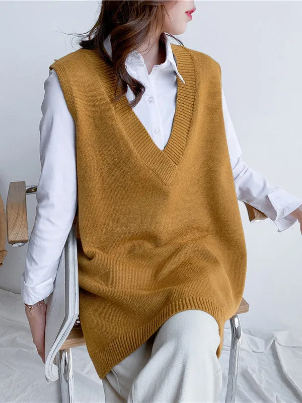 xakxx Trendy Sleeveless Split-Side Solid Color V-Neck Knitted Vest