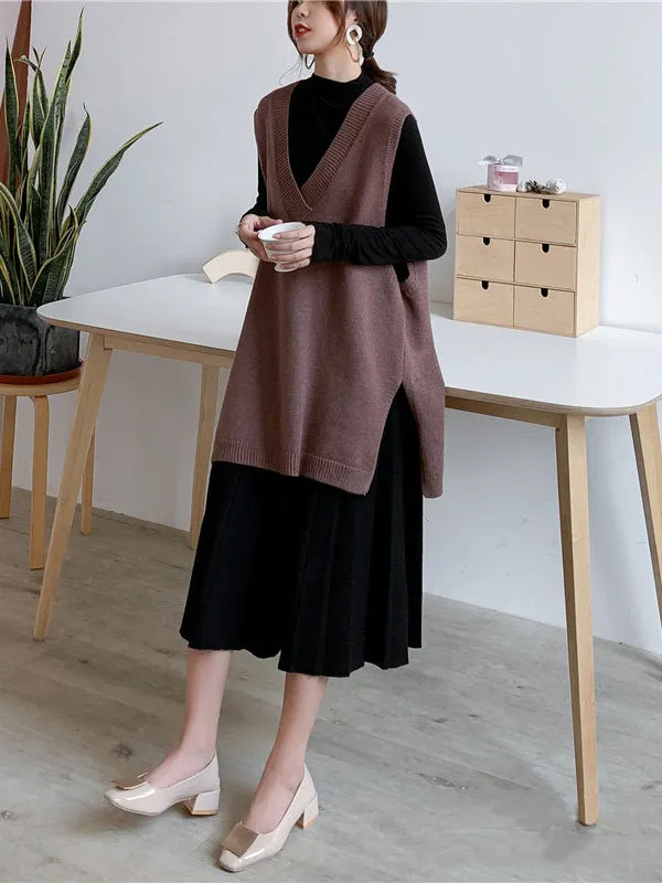 xakxx Trendy Sleeveless Split-Side Solid Color V-Neck Knitted Vest