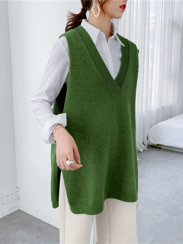 xakxx Trendy Sleeveless Split-Side Solid Color V-Neck Knitted Vest