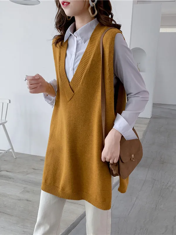 xakxx Trendy Sleeveless Split-Side Solid Color V-Neck Knitted Vest