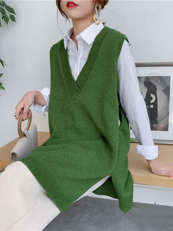 xakxx Trendy Sleeveless Split-Side Solid Color V-Neck Knitted Vest