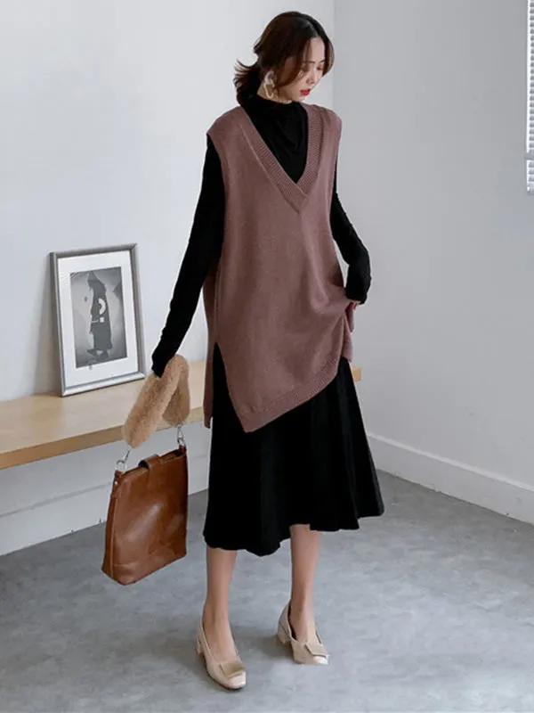 xakxx Trendy Sleeveless Split-Side Solid Color V-Neck Knitted Vest