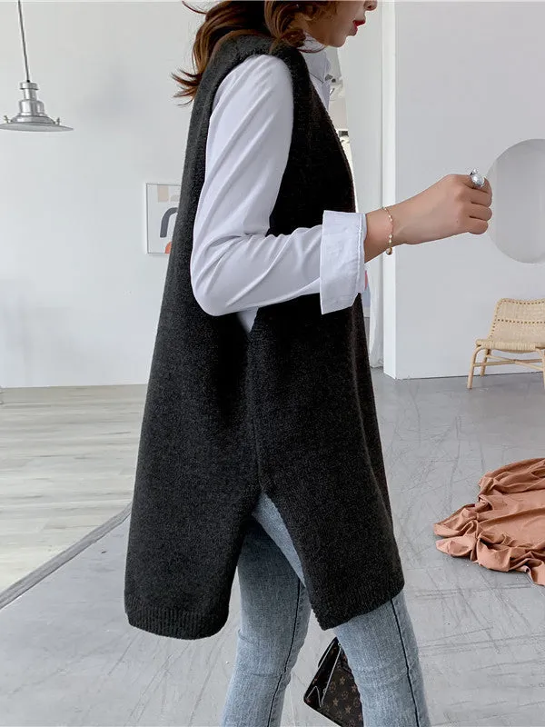xakxx Trendy Sleeveless Split-Side Solid Color V-Neck Knitted Vest